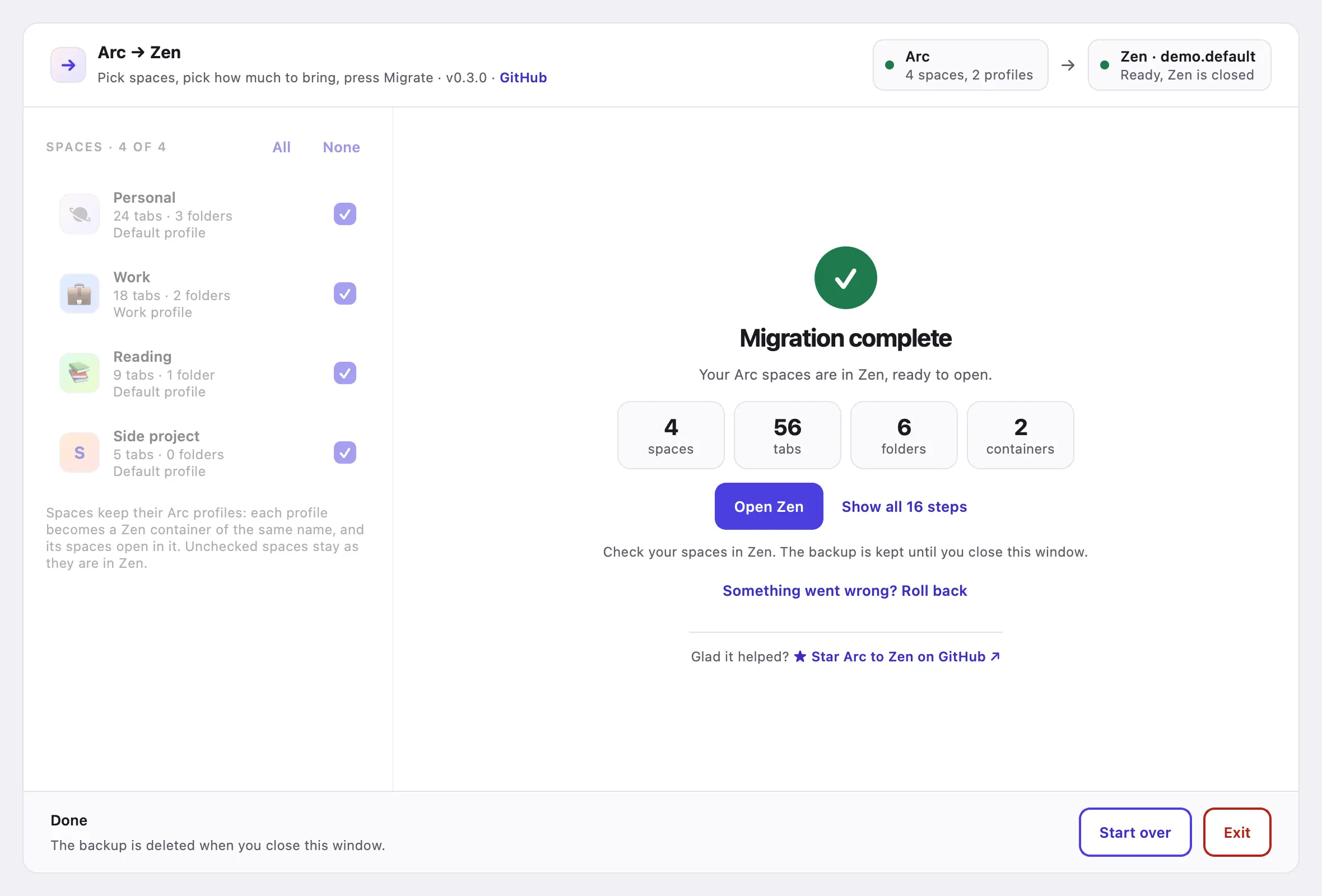 A finished migration with its numbers and Open Zen